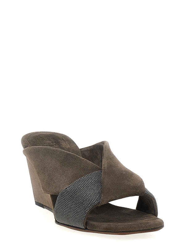 BRUNELLO CUCINELLI WOMEN'S BROWN SUEDE WEDGE SANDALS