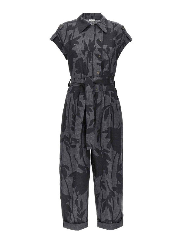 BRUNELLO CUCINELLI WOMEN'S GRIGIO LINEN BELTED JUMPSUIT