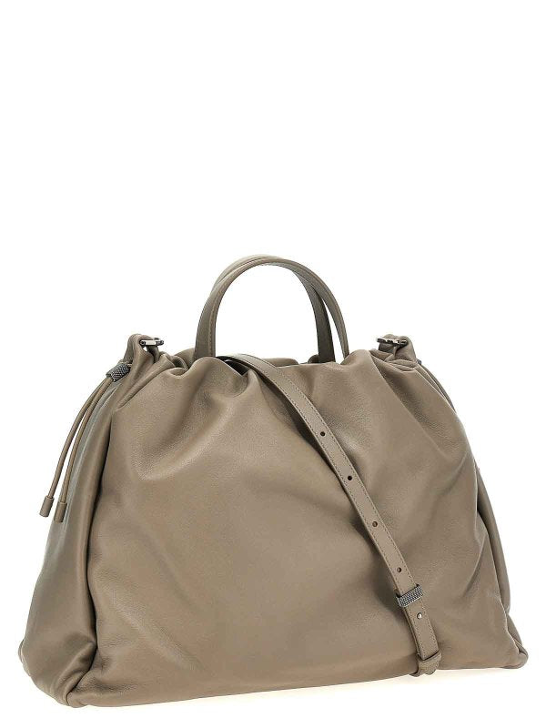 BRUNELLO CUCINELLI WOMEN'S TAUPE LEATHER DRAWSTRING BAG