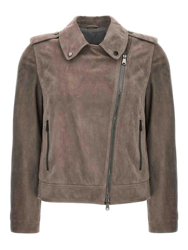 BRUNELLO CUCINELLI WOMEN'S TAUPE SUEDE BIKER JACKET