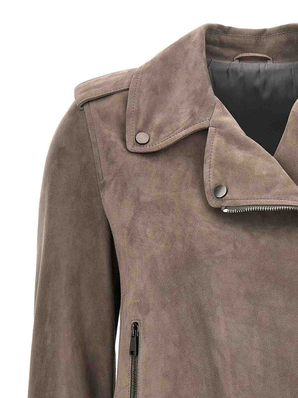 BRUNELLO CUCINELLI WOMEN'S TAUPE SUEDE BIKER JACKET