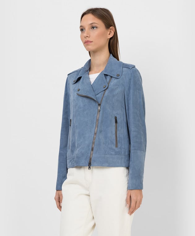 BRUNELLO CUCINELLI WOMEN'S LIGHT BLUE LEATHER BIKER JACKET