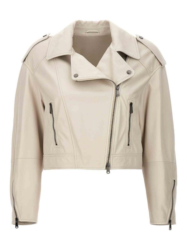 BRUNELLO CUCINELLI WOMEN'S OFF WHITE LEATHER CROPPED JACKET
