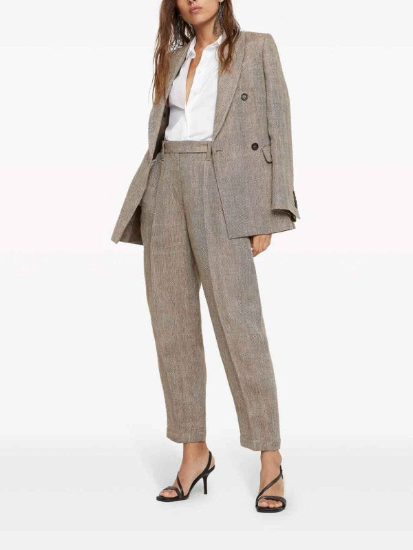 BRUNELLO CUCINELLI WOMEN'S LIGHT BROWN LINEN TAPERED TROUSERS