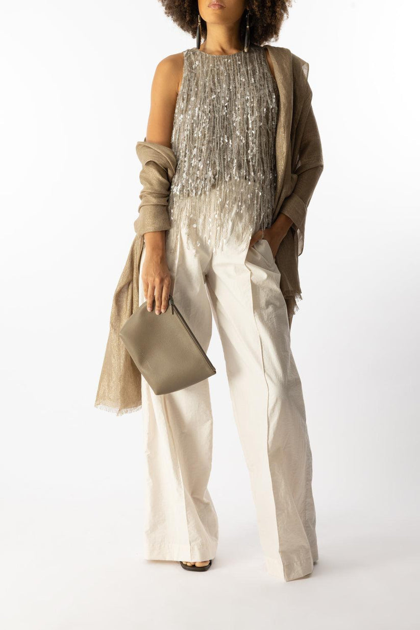 BRUNELLO CUCINELLI WOMEN'S BEIGE SILK EMBELLISHED SHIRT