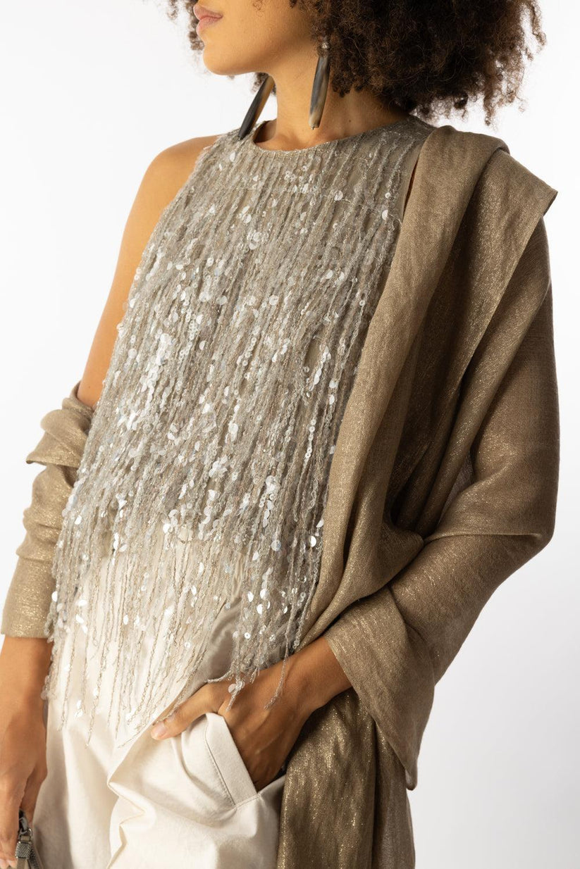 BRUNELLO CUCINELLI WOMEN'S BEIGE SILK EMBELLISHED SHIRT