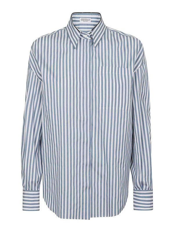 BRUNELLO CUCINELLI WOMEN'S BLUE WHITE STRIPED SILK SHIRT