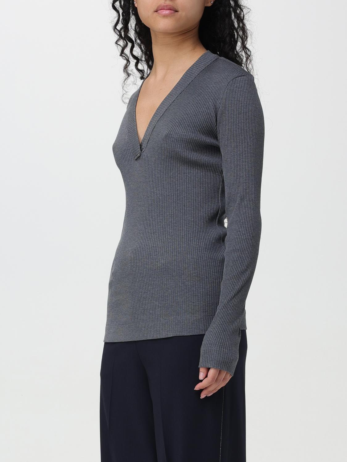 BRUNELLO CUCINELLI WOMEN'S DARK GREY RIBBED V NECK SHIRT