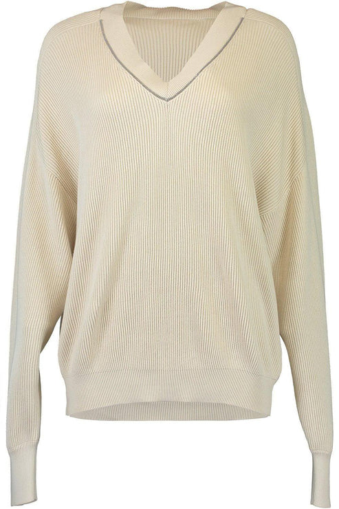 BRUNELLO CUCINELLI WOMEN'S BEIGE RIBBED V NECK SWEATER