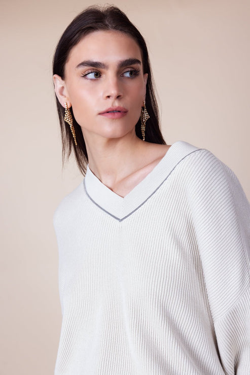 BRUNELLO CUCINELLI WOMEN'S BEIGE RIBBED V NECK SWEATER