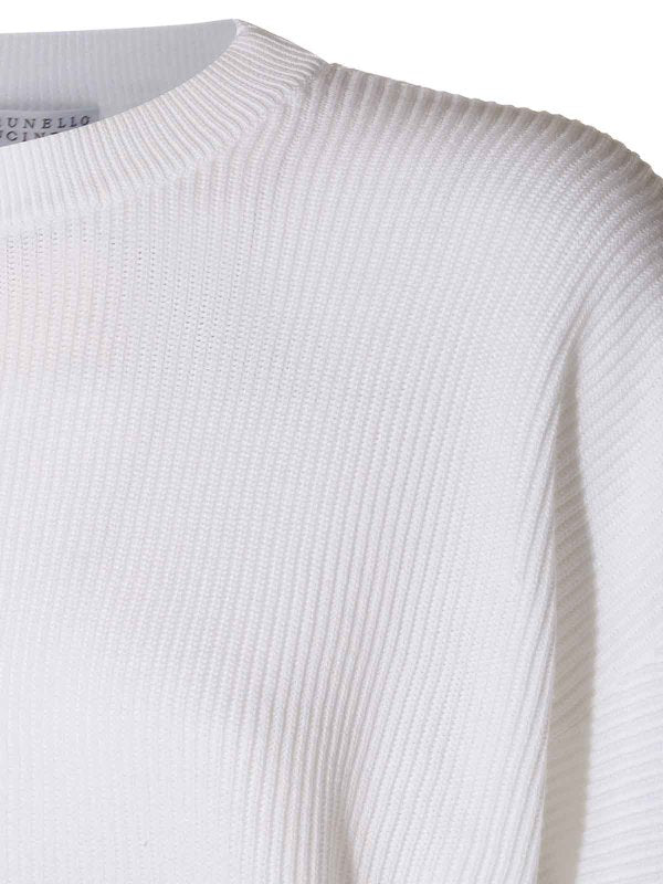 BRUNELLO CUCINELLI WOMEN'S WHITE COTTON MIXED SLEEVE SWEATER