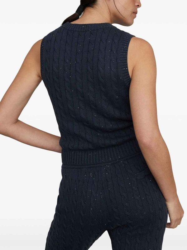 BRUNELLO CUCINELLI WOMEN'S DARK BLUE CABLE KNIT SWEATER