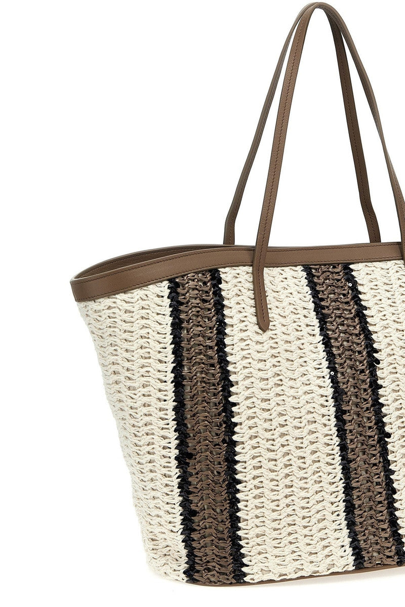 BRUNELLO CUCINELLI WOMEN'S WHITE BEIGE STRIPED WOVEN TOTE BAG