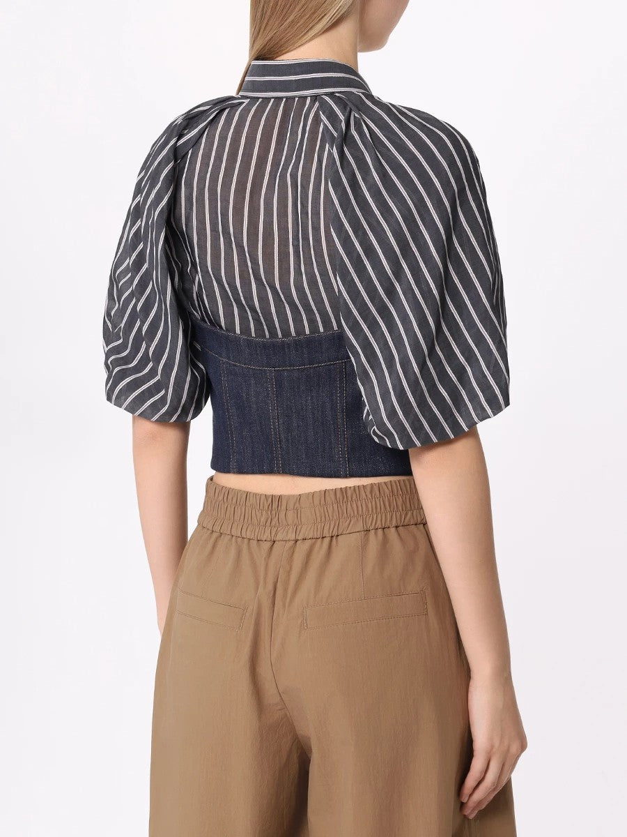 BRUNELLO CUCINELLI WOMEN'S BLUE COTTON BLEND STRAPLESS BUSTIER TOP
