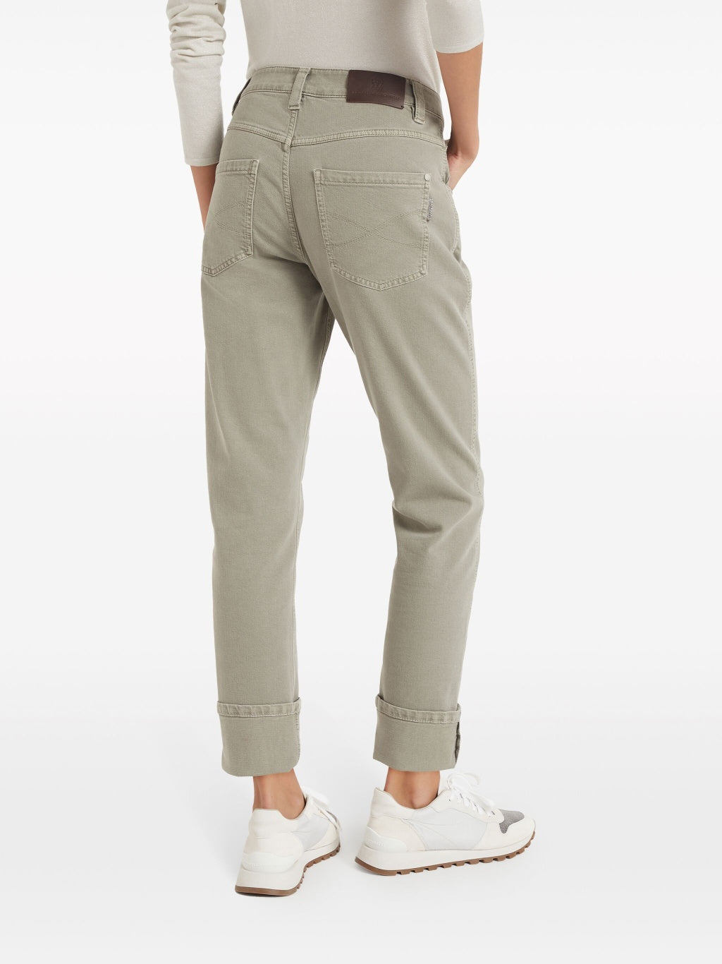 BRUNELLO CUCINELLI WOMEN'S GREEN SAFARI COTTON STRAIGHT TROUSERS WITH CUFFS