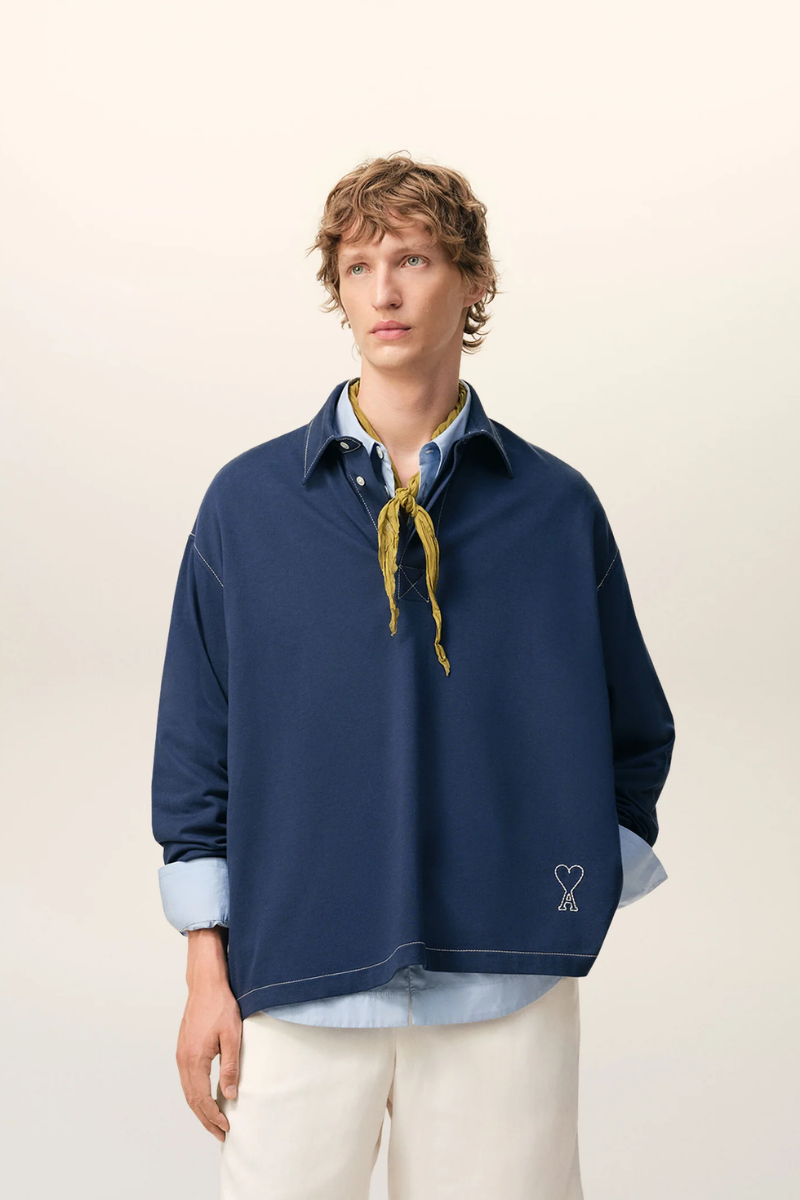 Ami Paris Long Sleeves Polo Shirt In Thick Cotton Jersey-Blue