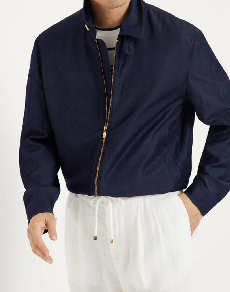 BRUNELLO CUCINELLI MEN'S NAVY WOOL LINEN ZIP JACKET