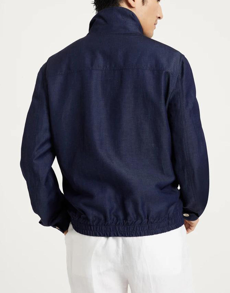 BRUNELLO CUCINELLI MEN'S NAVY WOOL LINEN ZIP JACKET