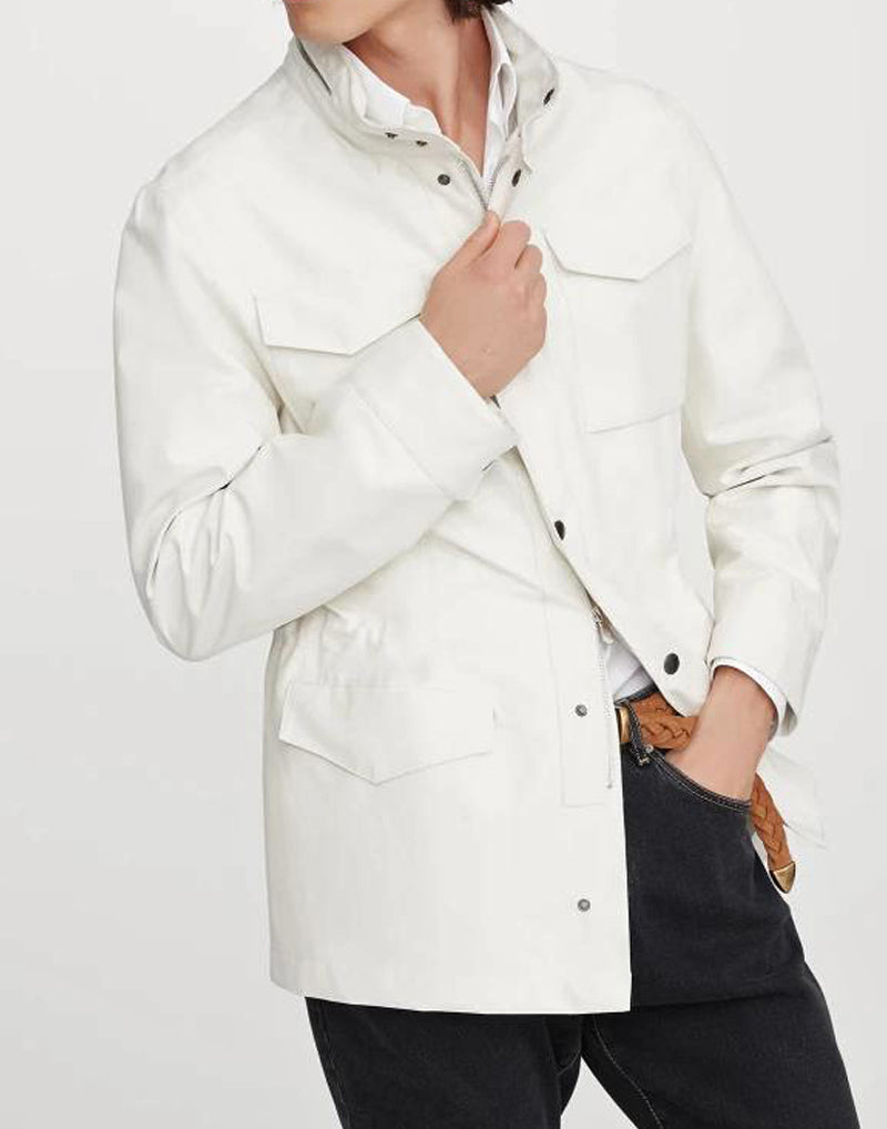 BRUNELLO CUCINELLI MEN'S ECRU LINEN SILK FIELD JACKET