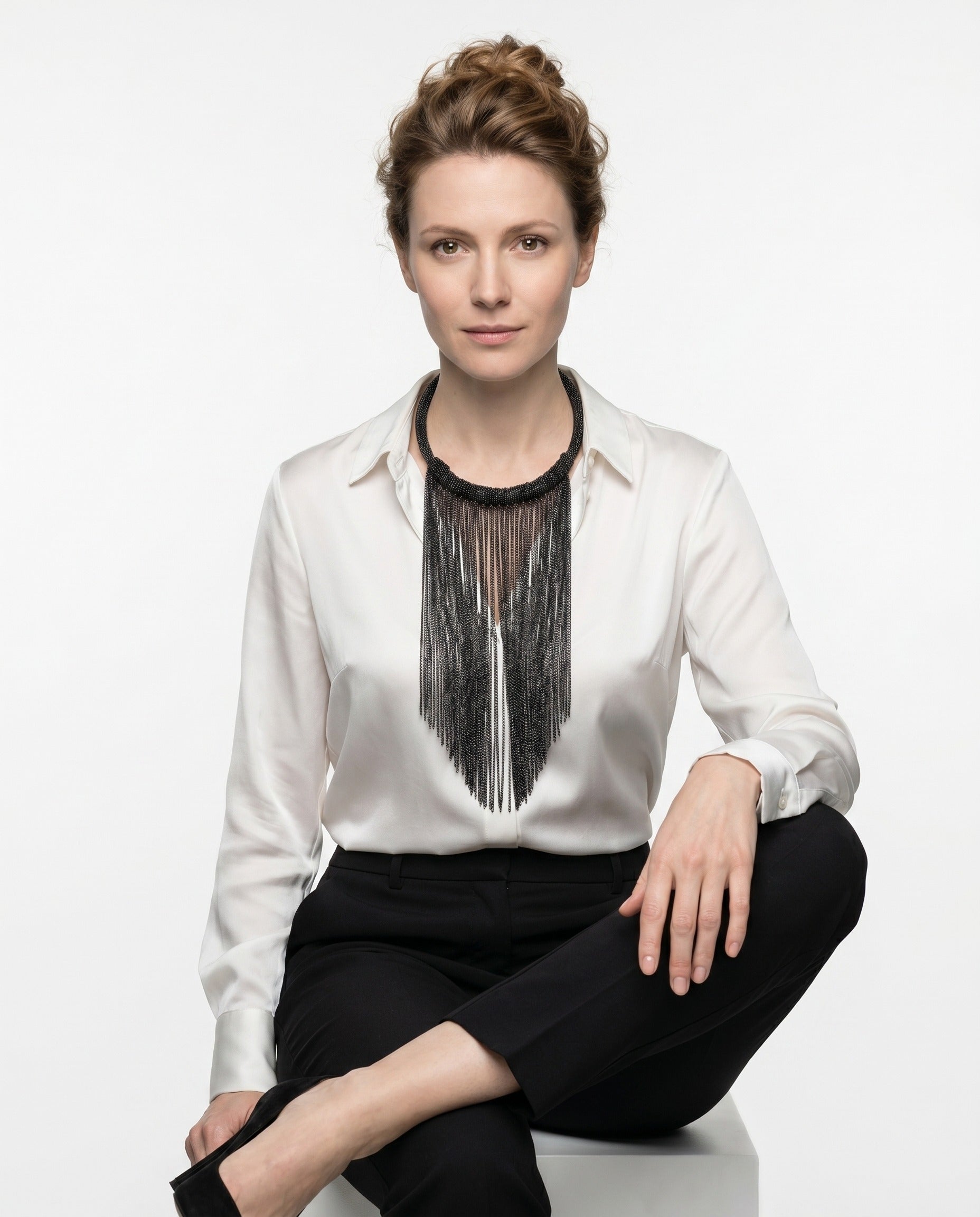 BRUNELLO CUCINELLI WOMEN'S BLACK FRINGE STATEMENT NECKLACE