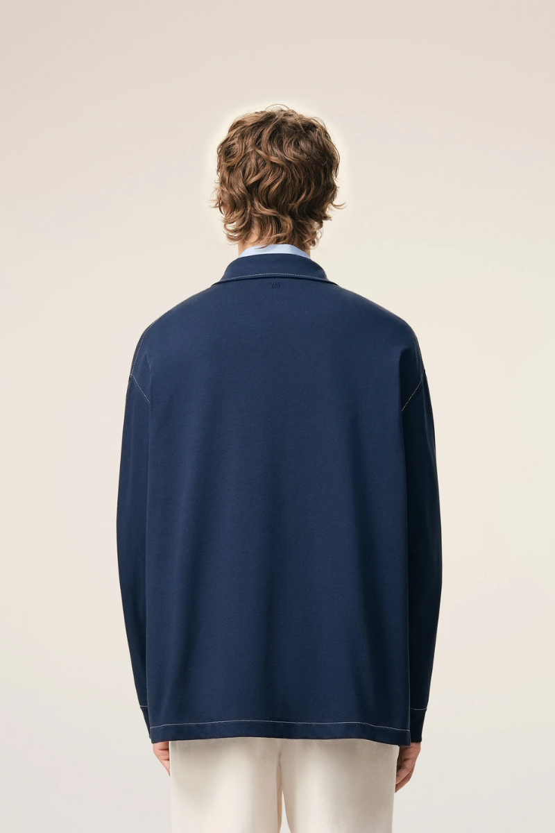 Ami Paris Long Sleeves Polo Shirt In Thick Cotton Jersey-Blue