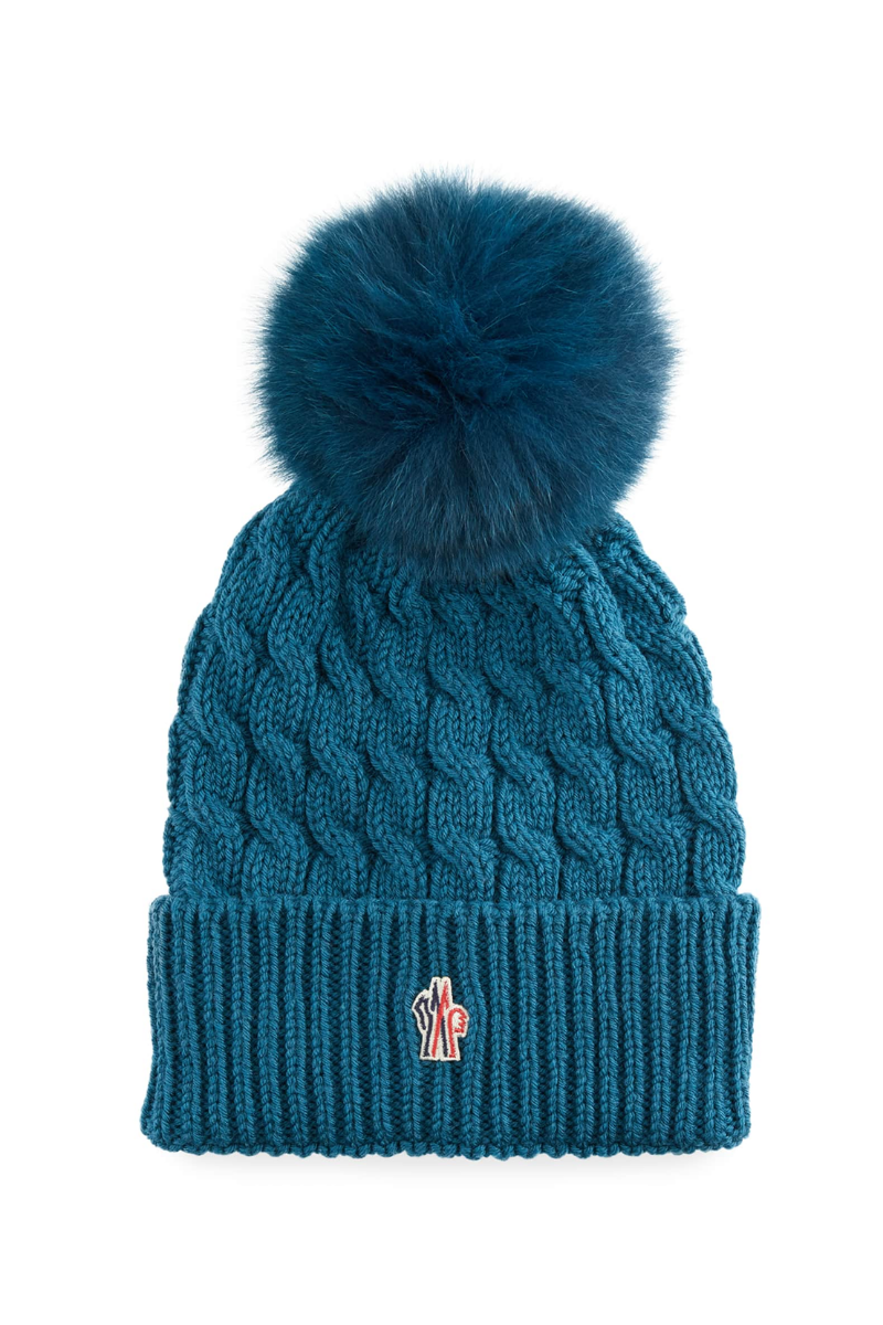 Moncler Virgin Wool Cable Beanie with Faux Fur Pompom Blue