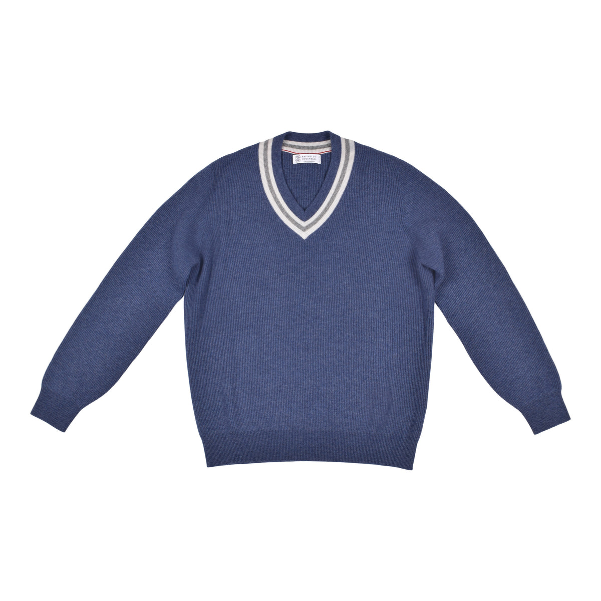 BRUNELLO CUCINELLI MEN'S BLUE RIBBED VNECK SWEATER
