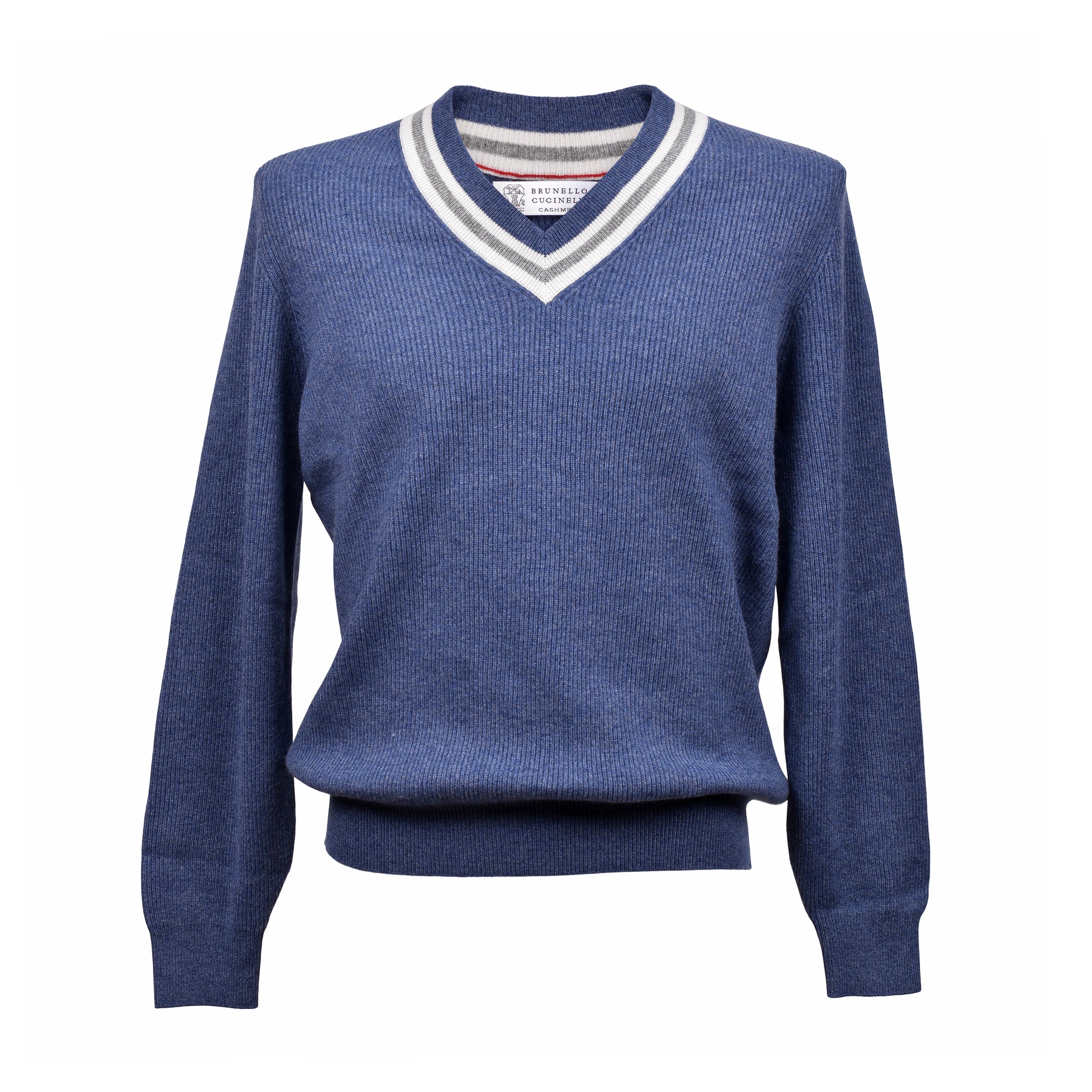 BRUNELLO CUCINELLI MEN'S BLUE V-NECK RIBBED SWEATER
