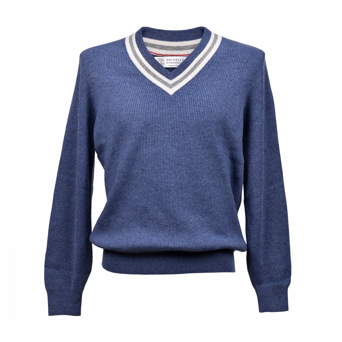 BRUNELLO CUCINELLI MEN'S BLUE RIBBED VNECK SWEATER