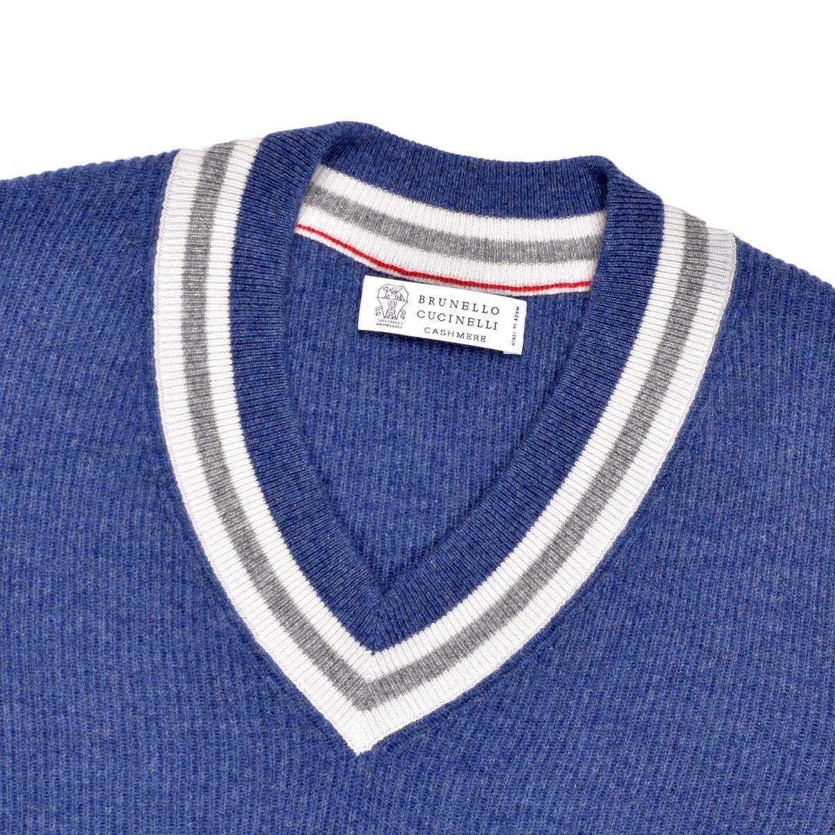 BRUNELLO CUCINELLI MEN'S BLUE RIBBED VNECK SWEATER