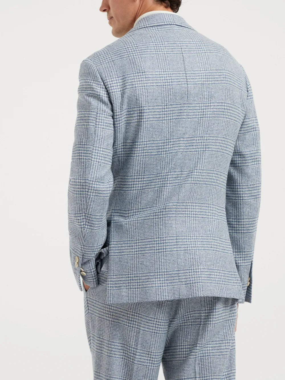 BRUNELLO CUCINELLI MEN'S CELESTE WOOL SILK BLEND CHECKED BLAZER