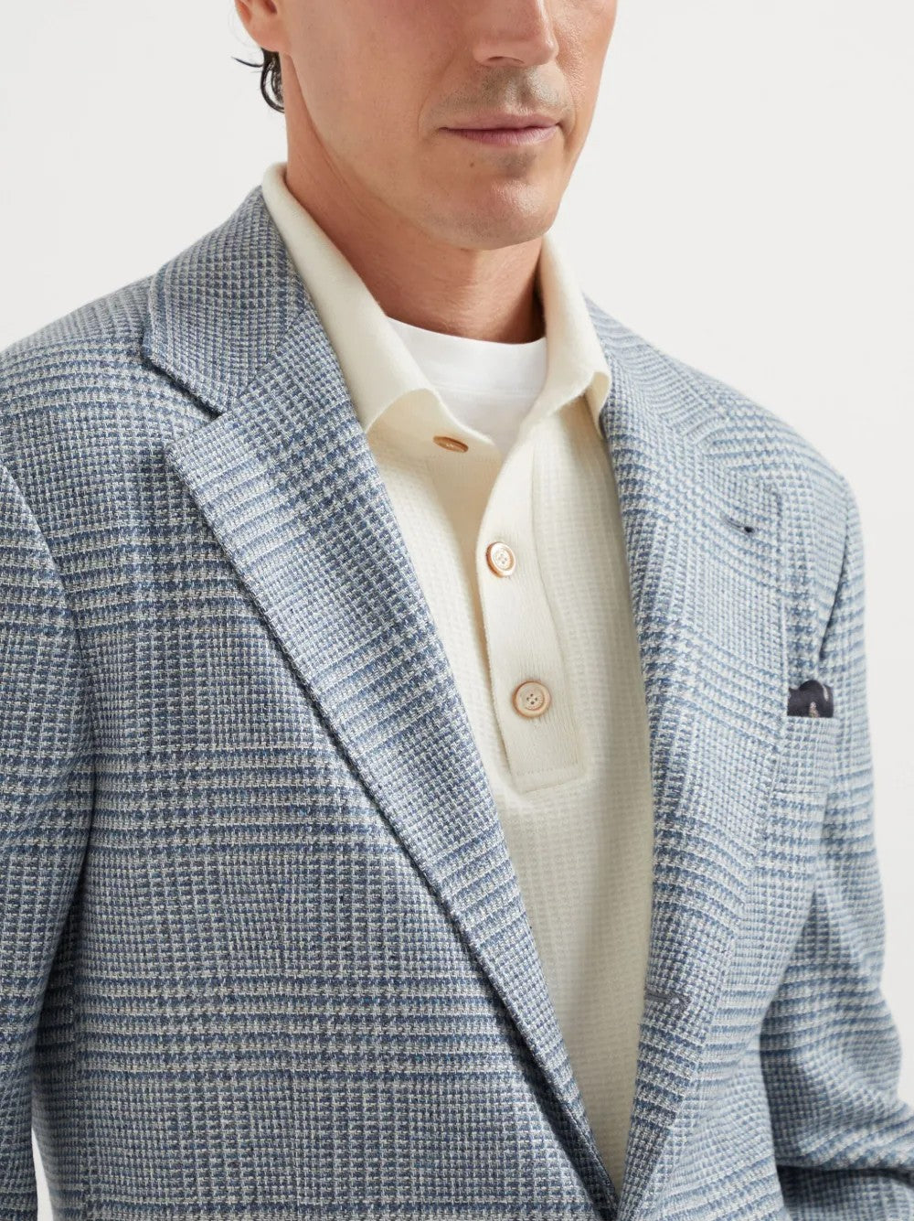 BRUNELLO CUCINELLI MEN'S CELESTE WOOL SILK BLEND CHECKED BLAZER