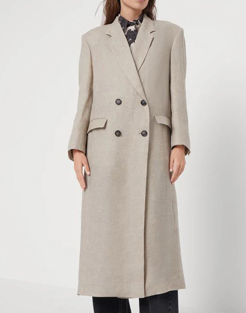 BRUNELLO CUCINELLI WOMEN'S BEIGE LINEN DOUBLE-BREASTED OVERCOAT