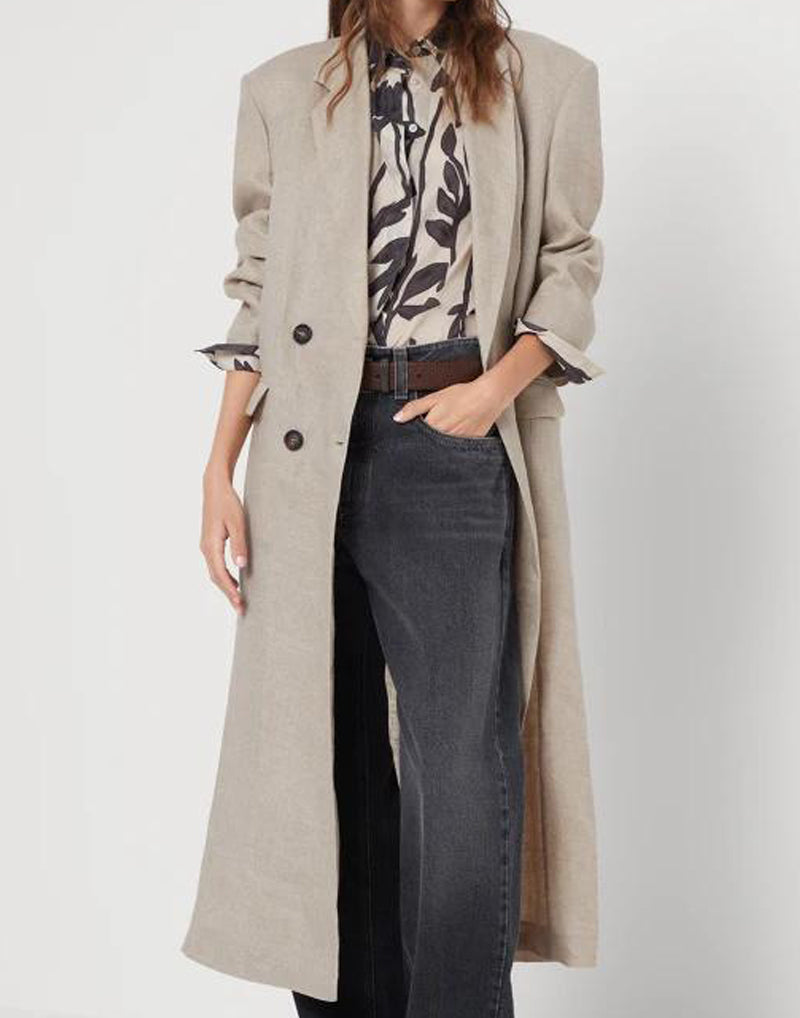 BRUNELLO CUCINELLI WOMEN'S BEIGE LINEN DOUBLE-BREASTED OVERCOAT