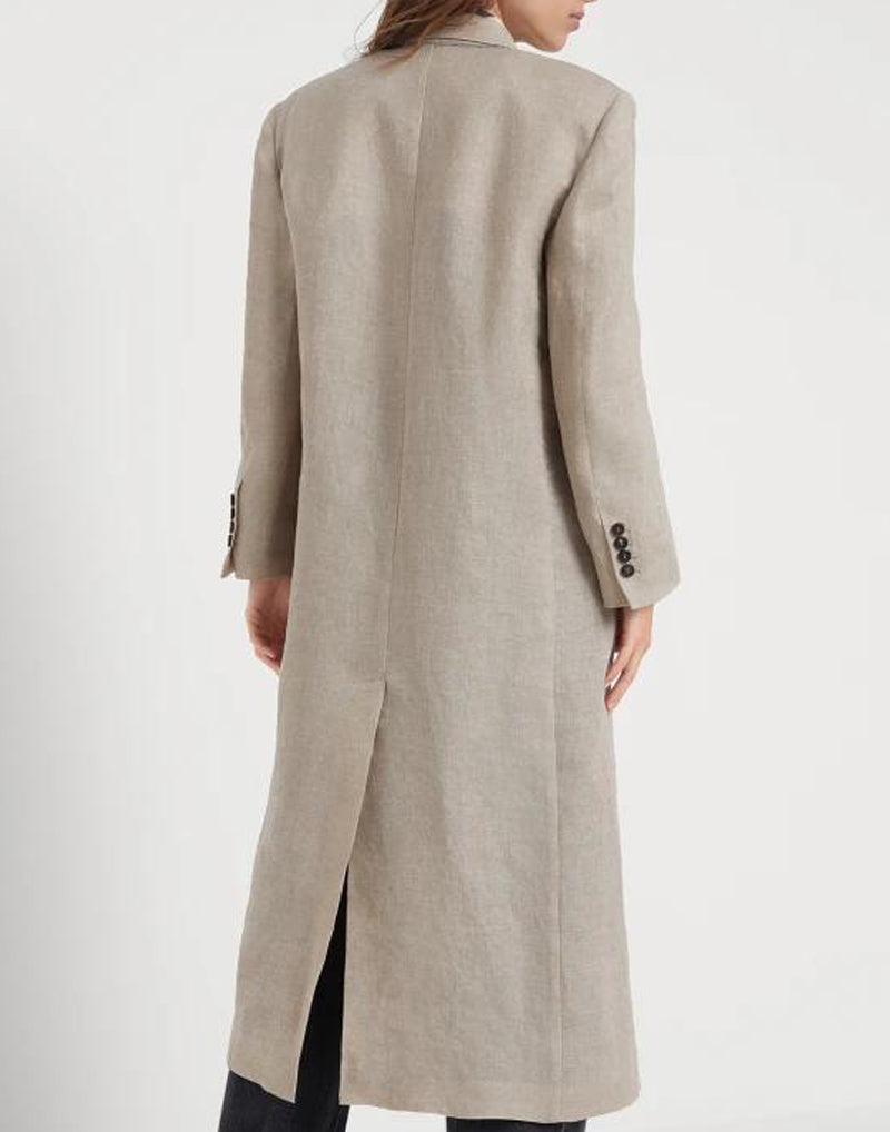 BRUNELLO CUCINELLI WOMEN'S BEIGE LINEN DOUBLE-BREASTED OVERCOAT