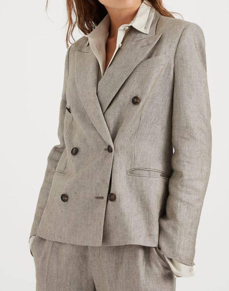 BRUNELLO CUCINELLI WOMEN'S BROWN LINEN DOUBLE-BREASTED BLAZER