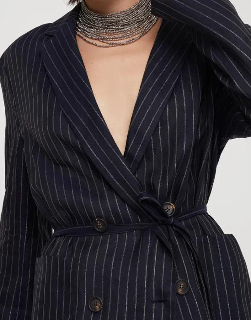 BRUNELLO CUCINELLI WOMEN'S BLUE PINSTRIPE DECONSTRUCTED JACKET