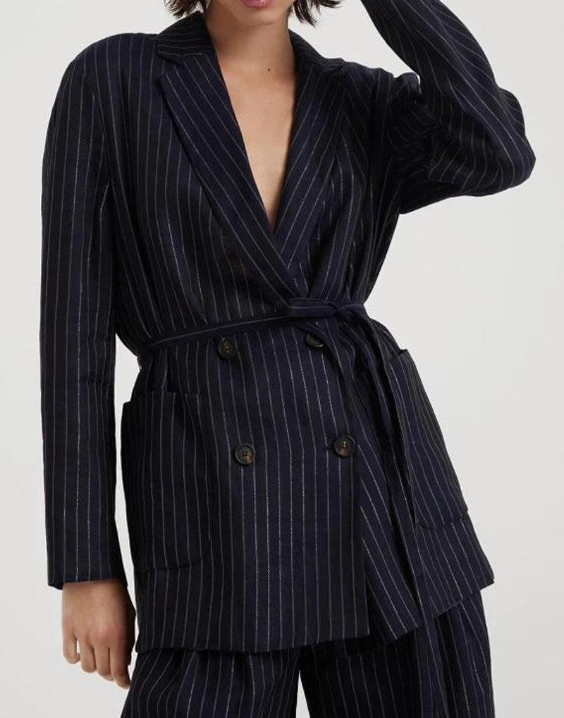 BRUNELLO CUCINELLI WOMEN'S BLUE PINSTRIPE DECONSTRUCTED JACKET
