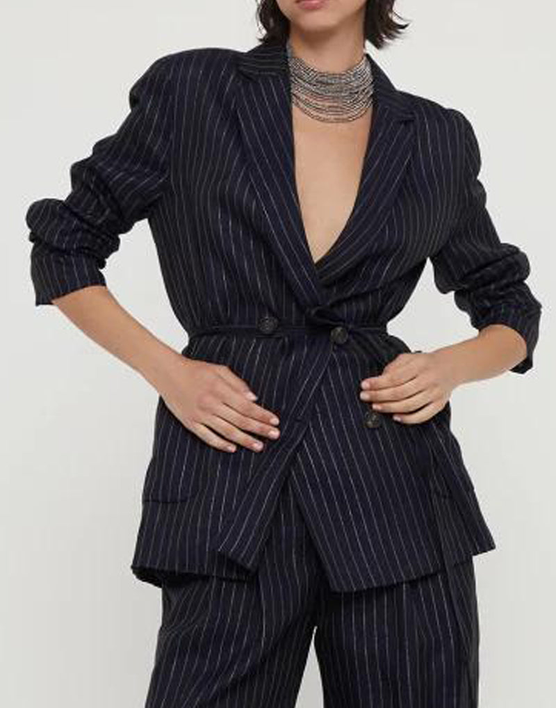 BRUNELLO CUCINELLI WOMEN'S BLUE PINSTRIPE DECONSTRUCTED JACKET