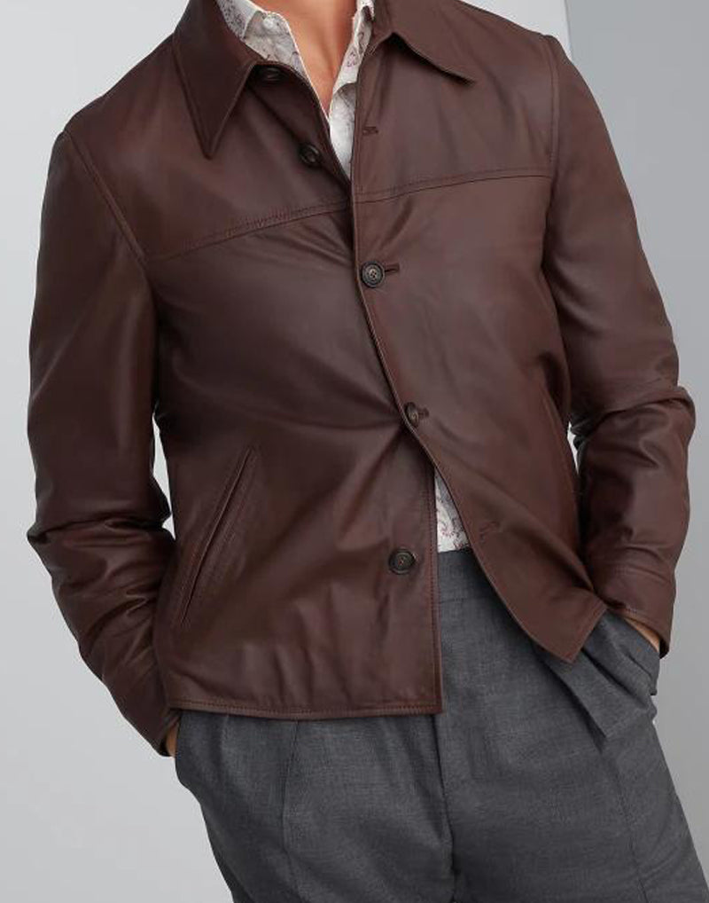 BRUNELLO CUCINELLI MEN'S BROWN LEATHER BUTTON JACKET