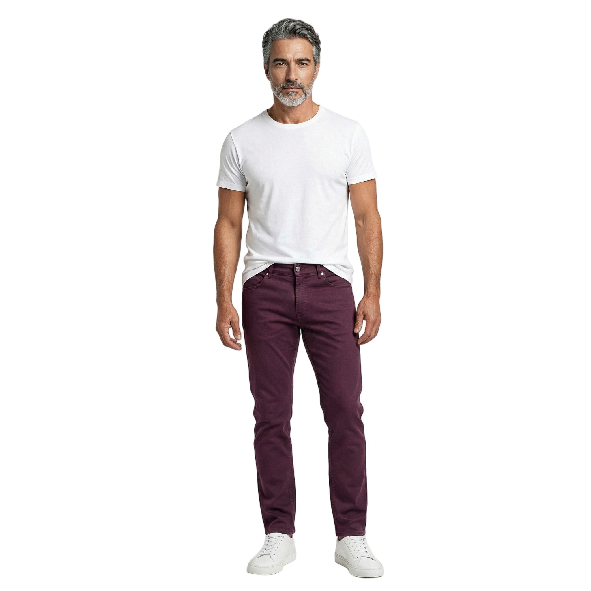 BRUNELLO CUCINELLI MEN'S BURGUNDY COTTON DENIM TROUSERS
