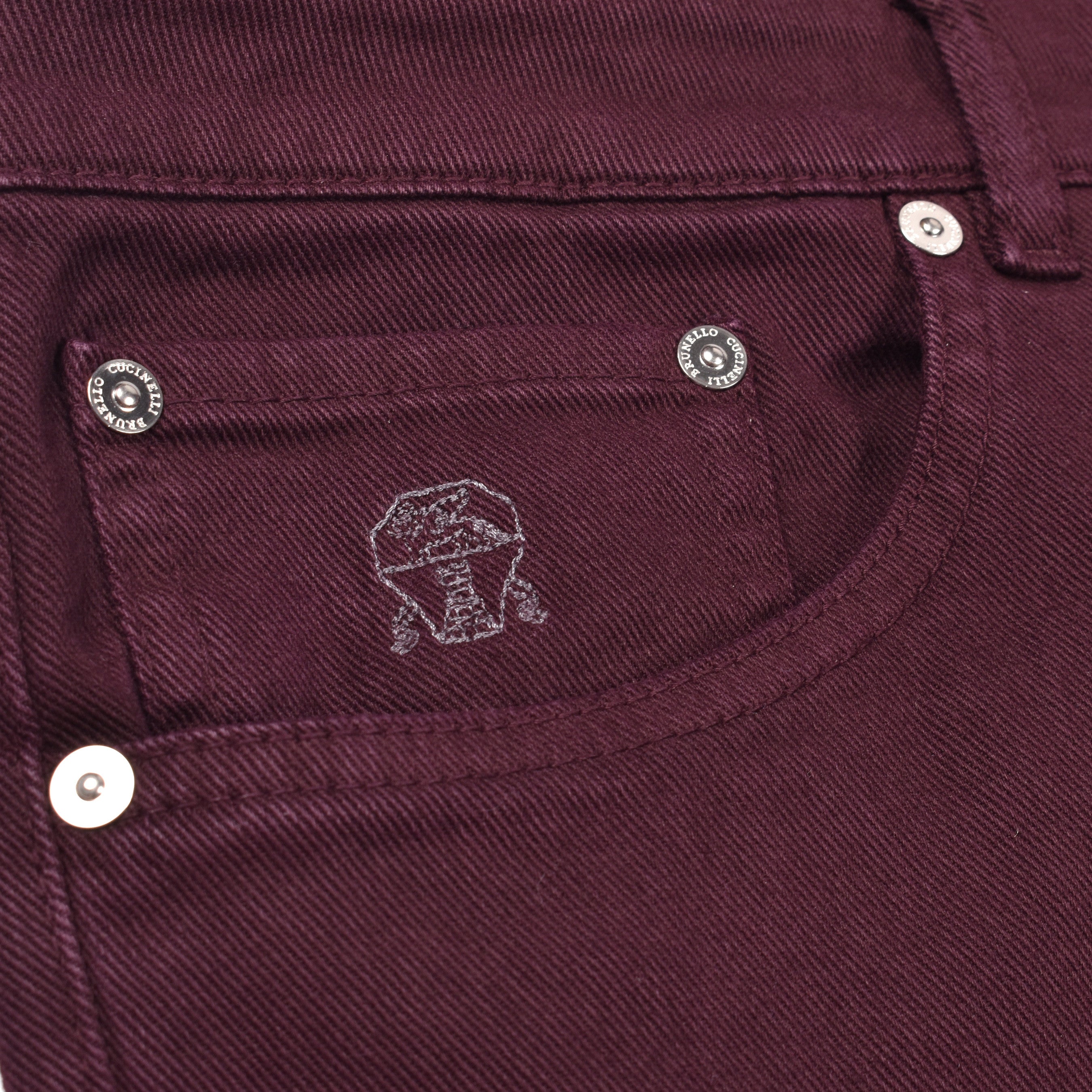 BRUNELLO CUCINELLI MEN'S BURGUNDY DENIM FIVE-POCKET TROUSERS