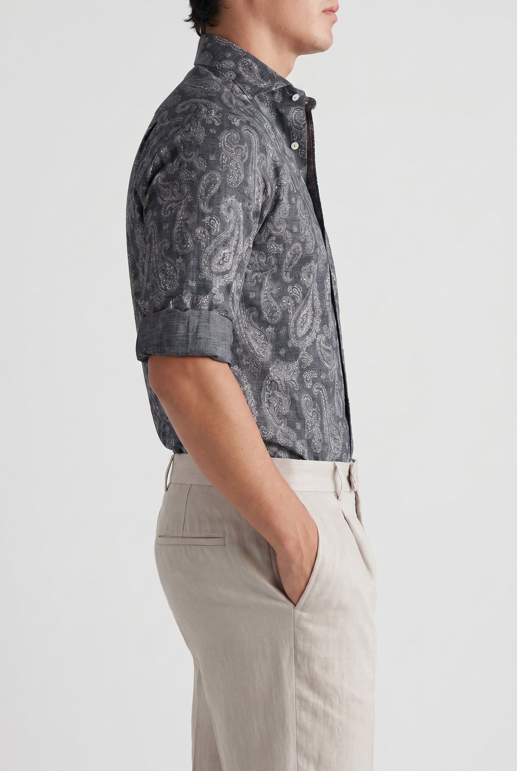 BRUNELLO CUCINELLI MEN'S DARK GREY SLIM FIT PAISLEY SHIRT NWT