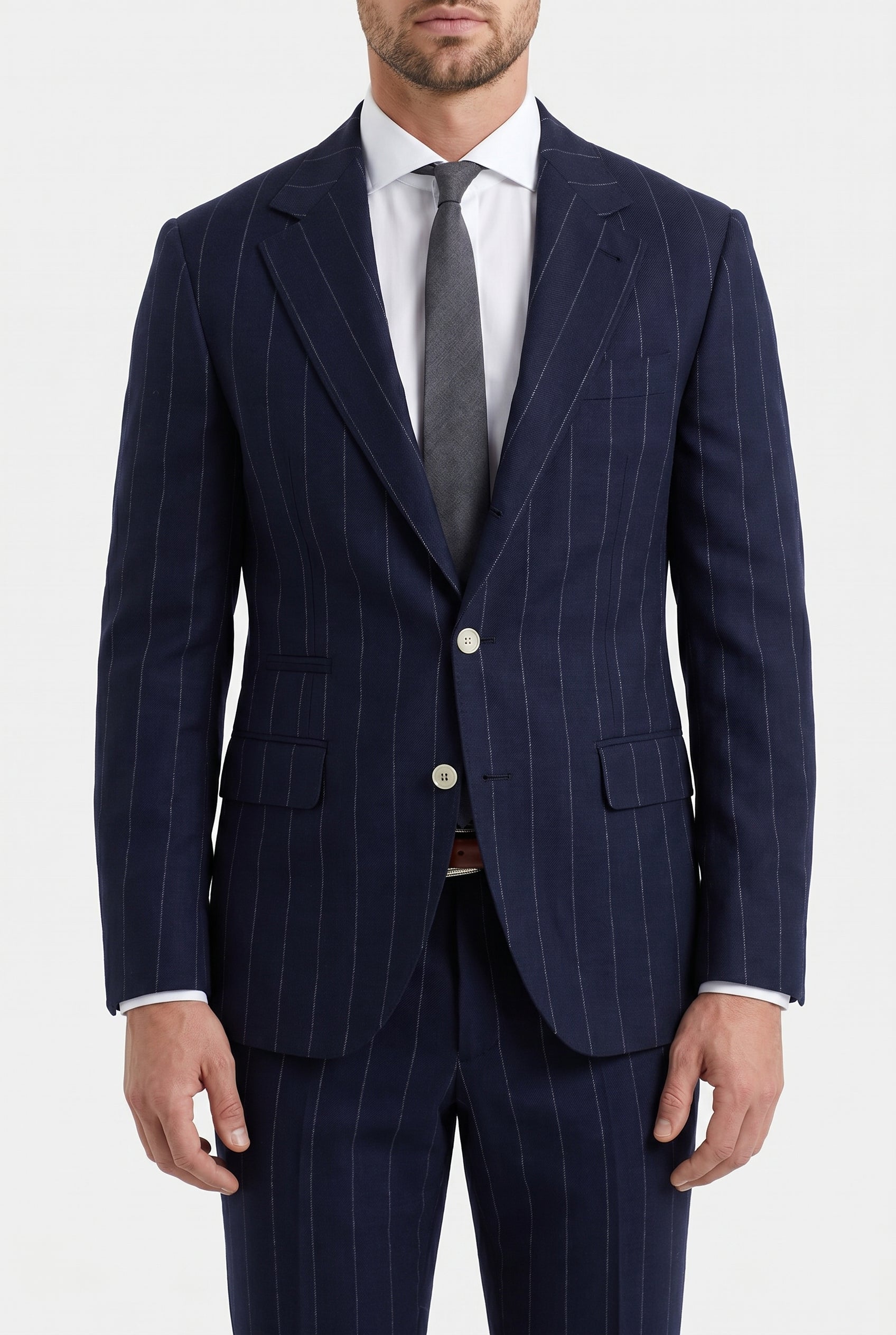 BRUNELLO CUCINELLI MEN'S BLUE WOOL PINSTRIPE TAILORED JACKET