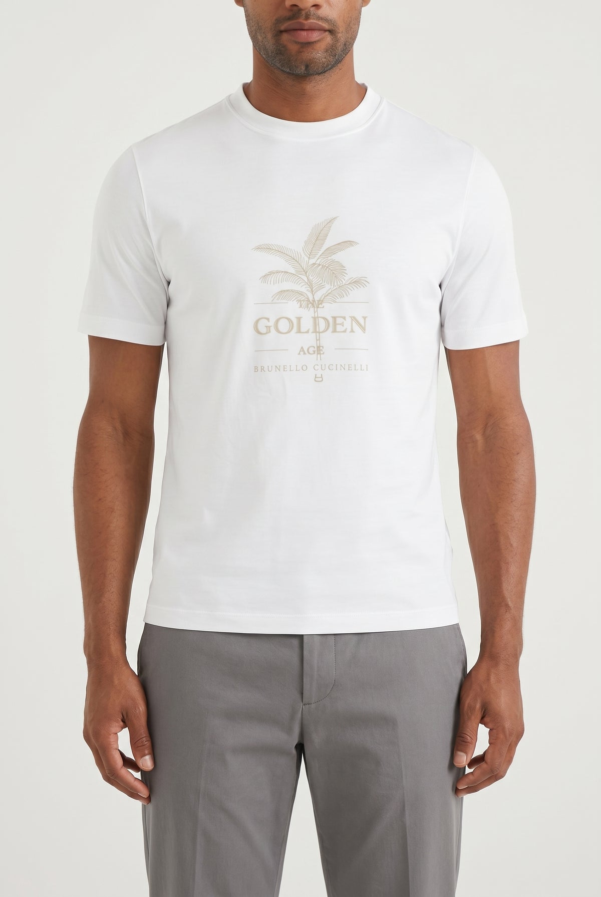 BRUNELLO CUCINELLI MEN'S OPTICAL WHITE COTTON CREWNECK T-SHIRT WITH PRINT