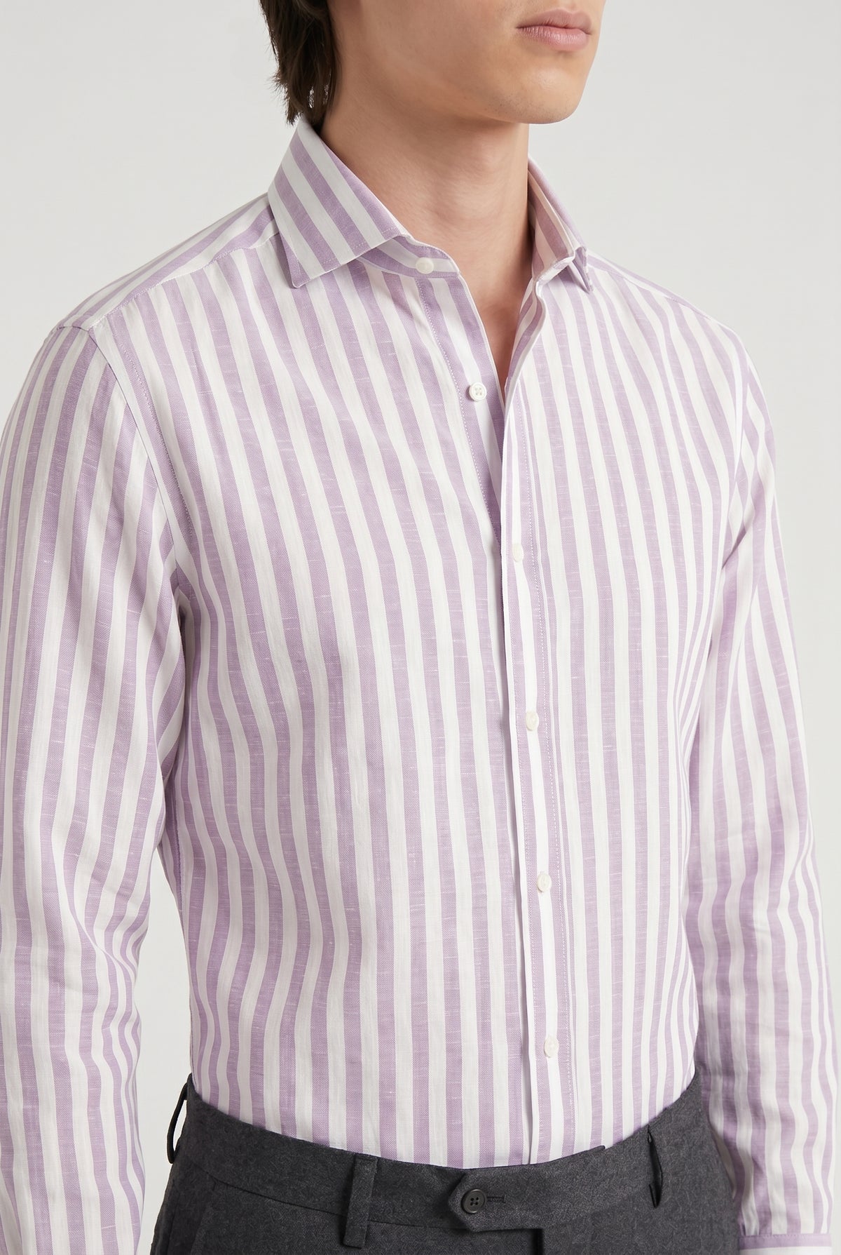 BRUNELLO CUCINELLI MEN'S WHITE LAVENDER CASHMERE BLEND STRIPED SHIRT