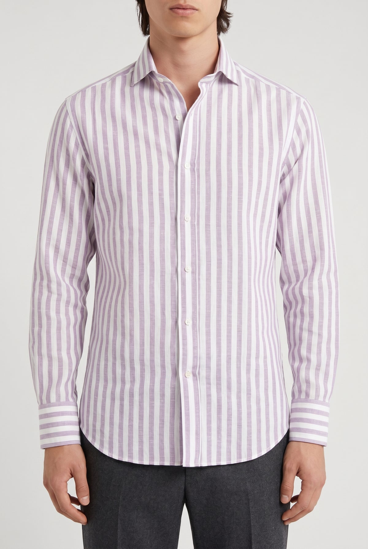 BRUNELLO CUCINELLI MEN'S WHITE LAVENDER CASHMERE BLEND STRIPED SHIRT