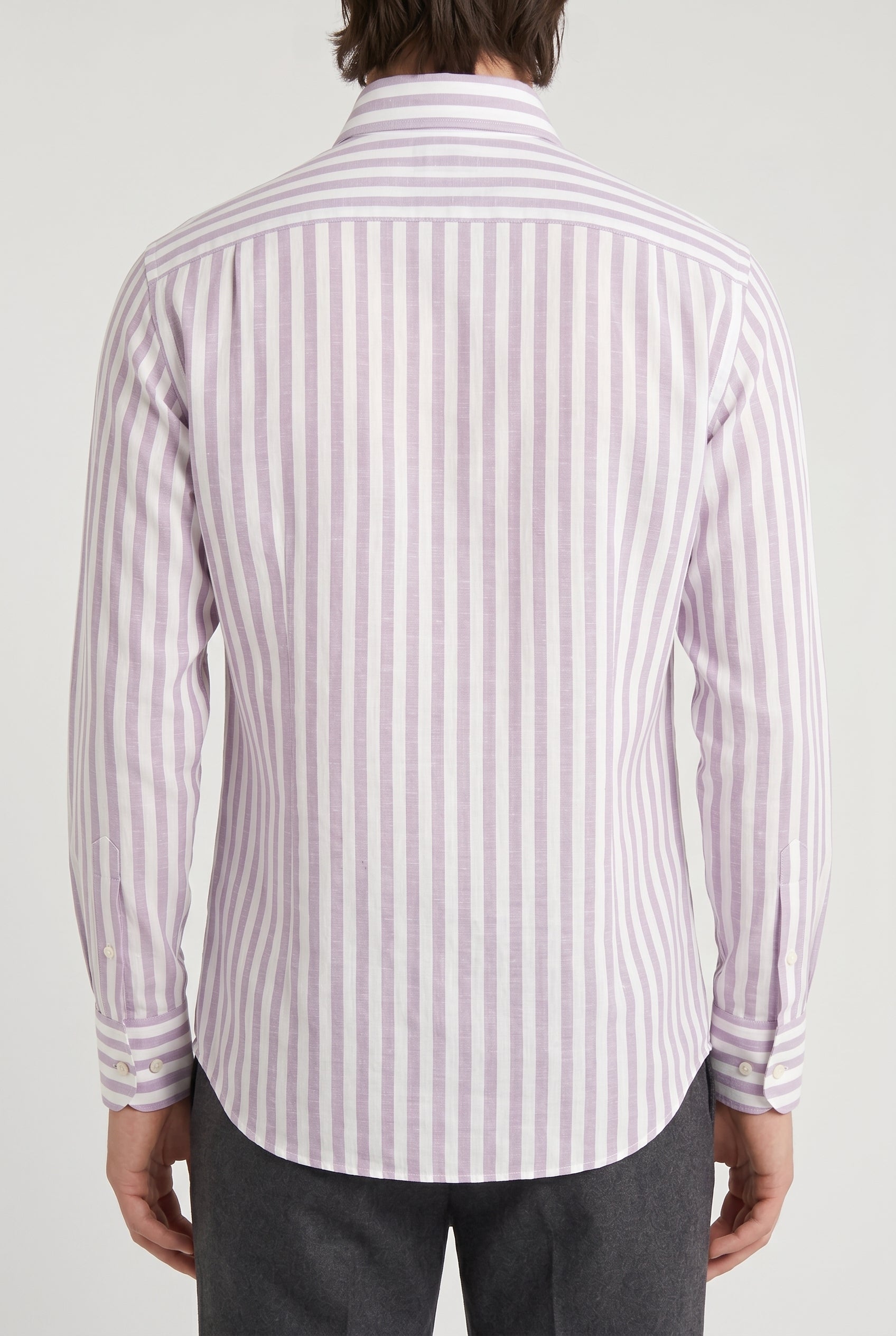 BRUNELLO CUCINELLI MEN'S WHITE LAVENDER CASHMERE BLEND STRIPED SHIRT