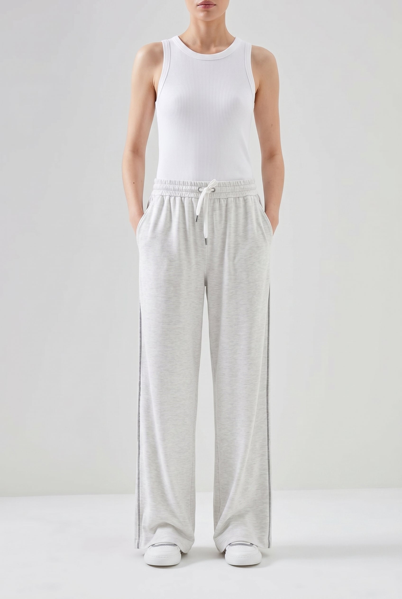 BRUNELLO CUCINELLI WOMEN'S PEARL WHITE SILK BLEND WIDE TROUSERS