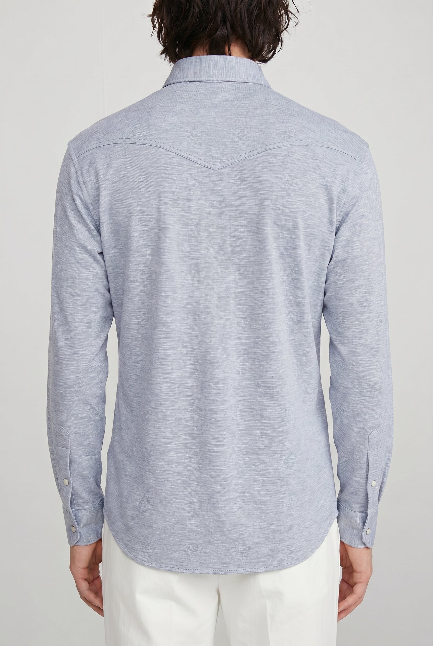 BRUNELLO CUCINELLI MEN'S LIGHT BLUE LINEN COTTON WESTERN SHIRT